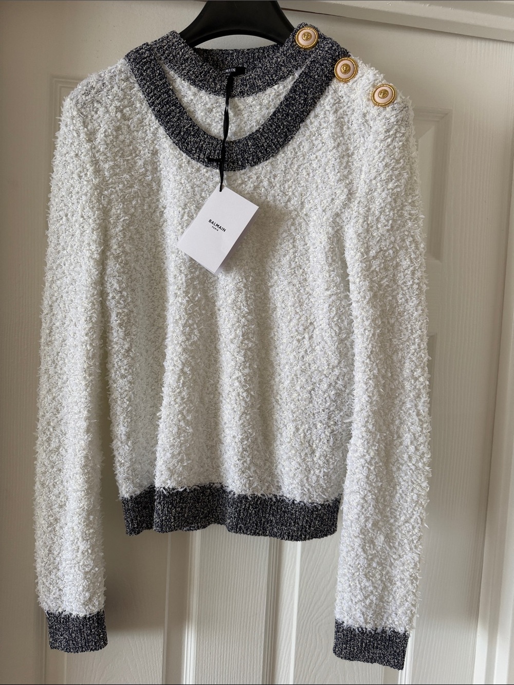 Balmain White Bouclé Crew Sweater with Charcoal Trim and Gold Buttons